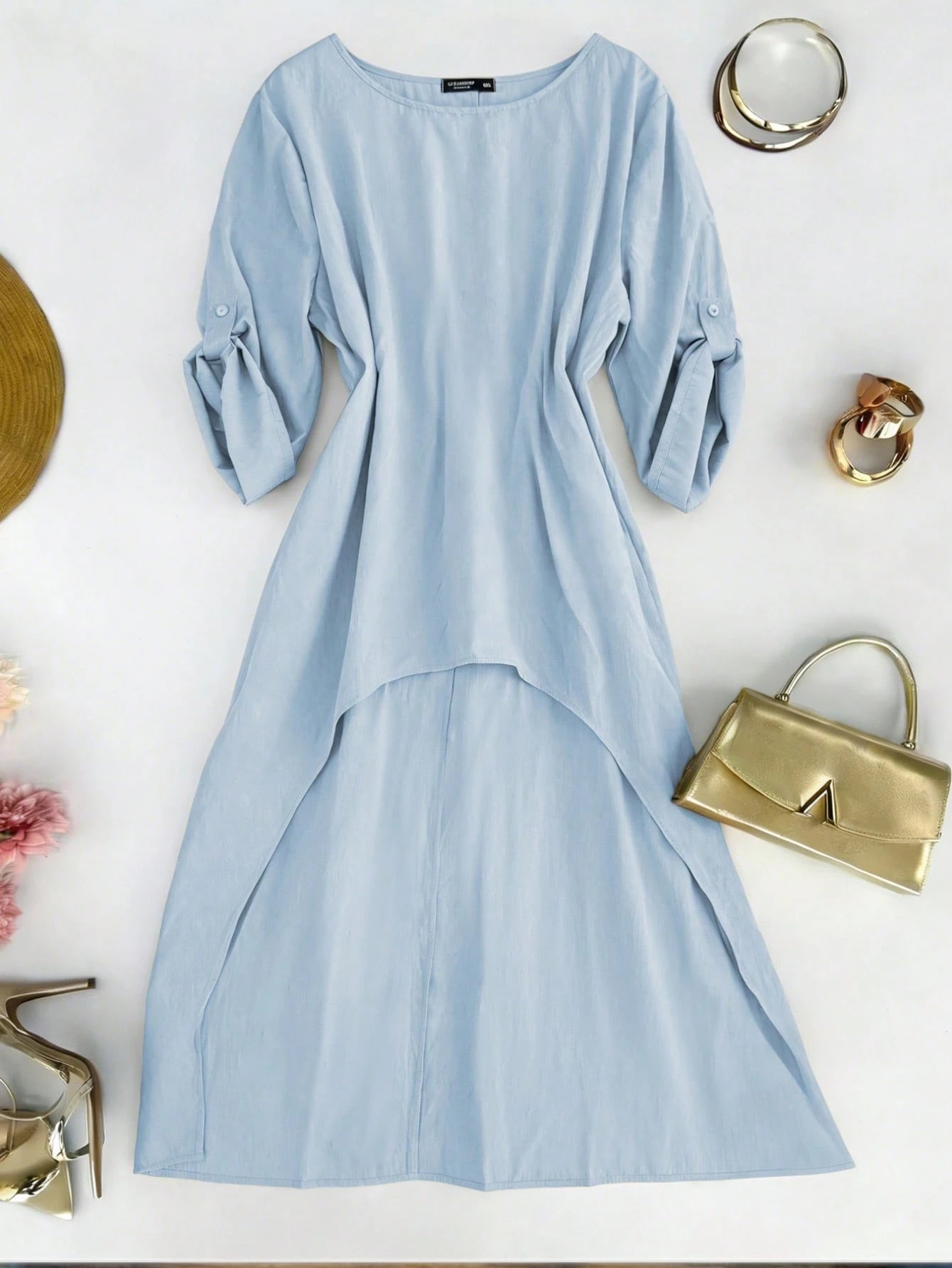 Linhara Light Blue Plus Size Women's Shirt,Summer Smart Casual Round Neck Adjustable Long Sleeve Long Shirt,Vacation Minimalist Solid Color Beachwear Fall