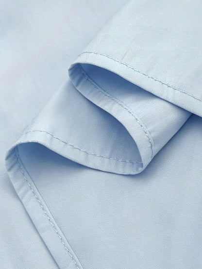Linhara Light Blue Plus Size Women's Shirt,Summer Smart Casual Round Neck Adjustable Long Sleeve Long Shirt,Vacation Minimalist Solid Color Beachwear Fall