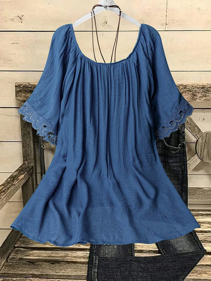 Linhara Plus Size Loose Casual Linen Patchwork Lace Trim Shirt Fall