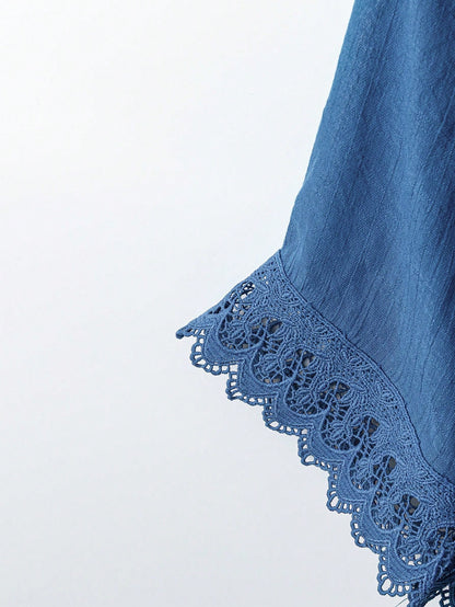 Linhara Plus Size Loose Casual Linen Patchwork Lace Trim Shirt Fall