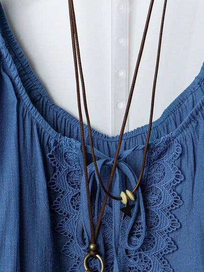 Linhara Plus Size Loose Casual Linen Patchwork Lace Trim Shirt Fall