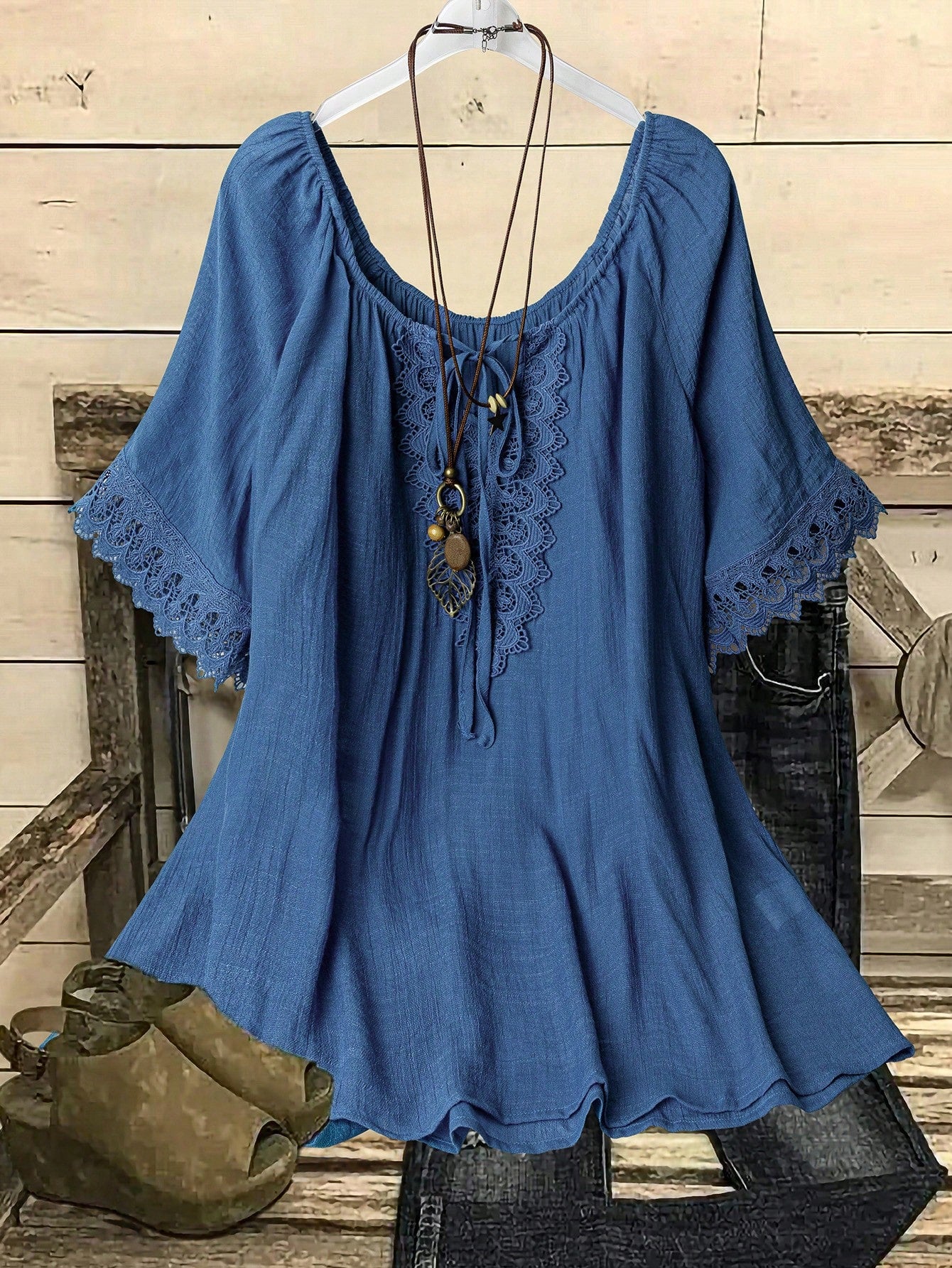 Linhara Plus Size Loose Casual Linen Patchwork Lace Trim Shirt Fall