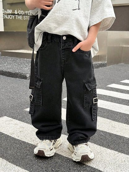 Little Byeori Young Boy Fashionable Distressed Washed Baggy Loose Fit Black Denim Pants With Cargo Pocket, Leisure And Versatile For Kids Streetwear Spring