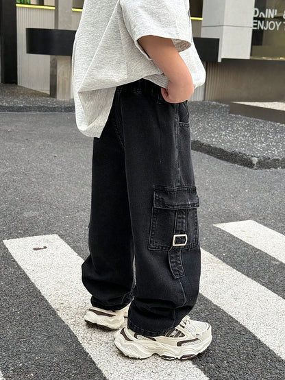 Little Byeori Young Boy Fashionable Distressed Washed Baggy Loose Fit Black Denim Pants With Cargo Pocket, Leisure And Versatile For Kids Streetwear Spring
