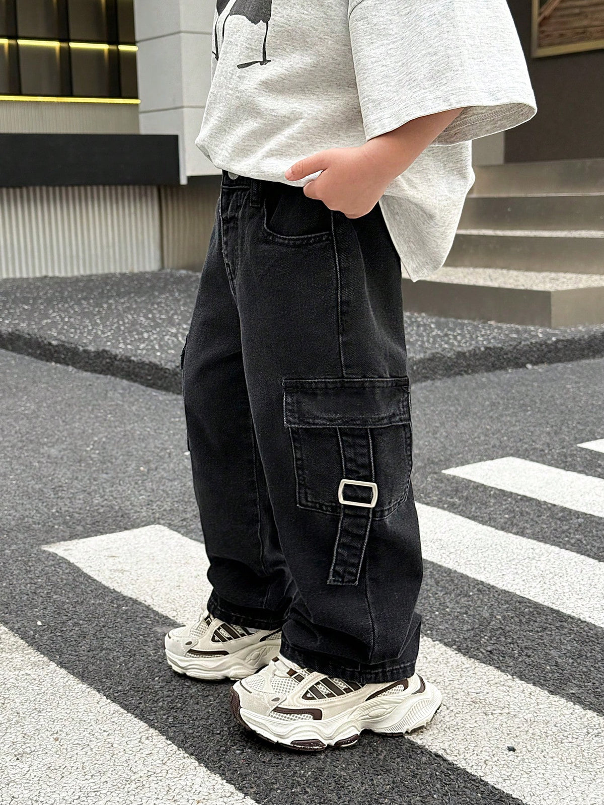 Little Byeori Young Boy Fashionable Distressed Washed Baggy Loose Fit Black Denim Pants With Cargo Pocket, Leisure And Versatile For Kids Streetwear Spring