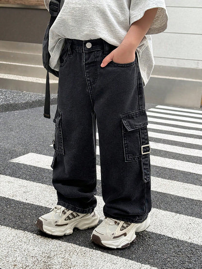 Little Byeori Young Boy Fashionable Distressed Washed Baggy Loose Fit Black Denim Pants With Cargo Pocket, Leisure And Versatile For Kids Streetwear Spring