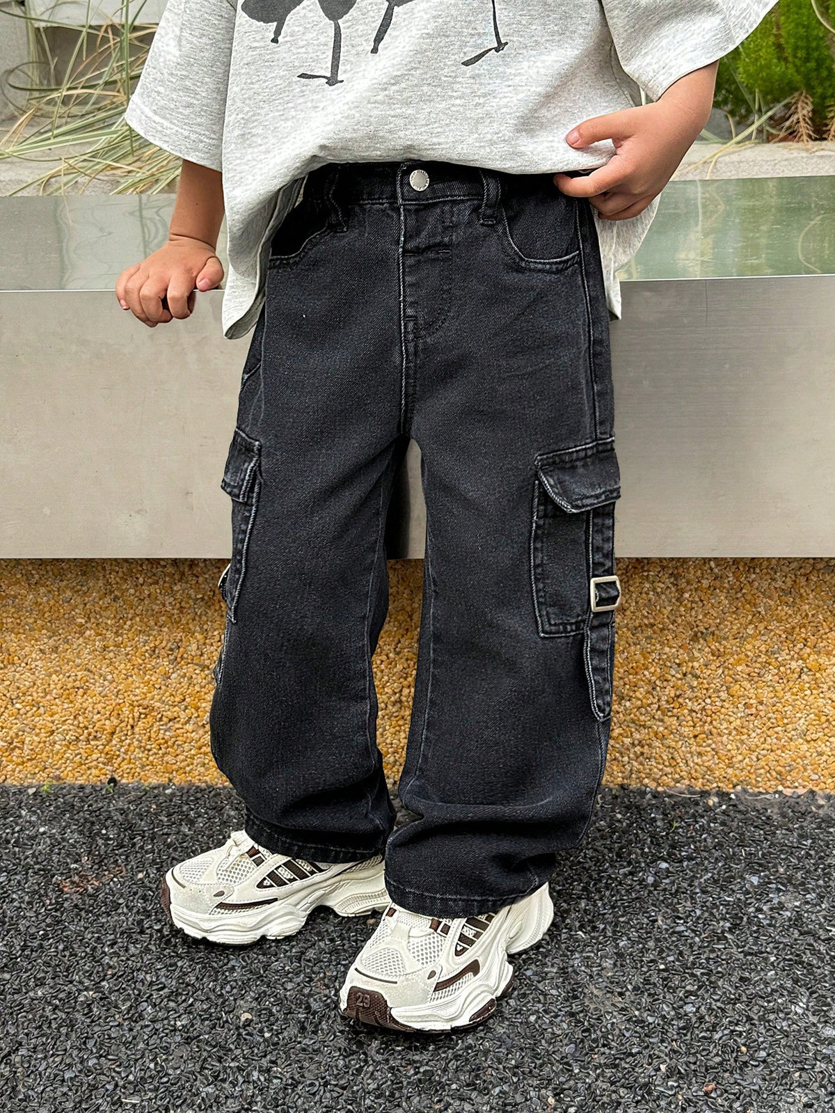 Little Byeori Young Boy Fashionable Distressed Washed Baggy Loose Fit Black Denim Pants With Cargo Pocket, Leisure And Versatile For Kids Streetwear Spring