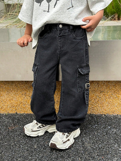 Little Byeori Young Boy Fashionable Distressed Washed Baggy Loose Fit Black Denim Pants With Cargo Pocket, Leisure And Versatile For Kids Streetwear Spring