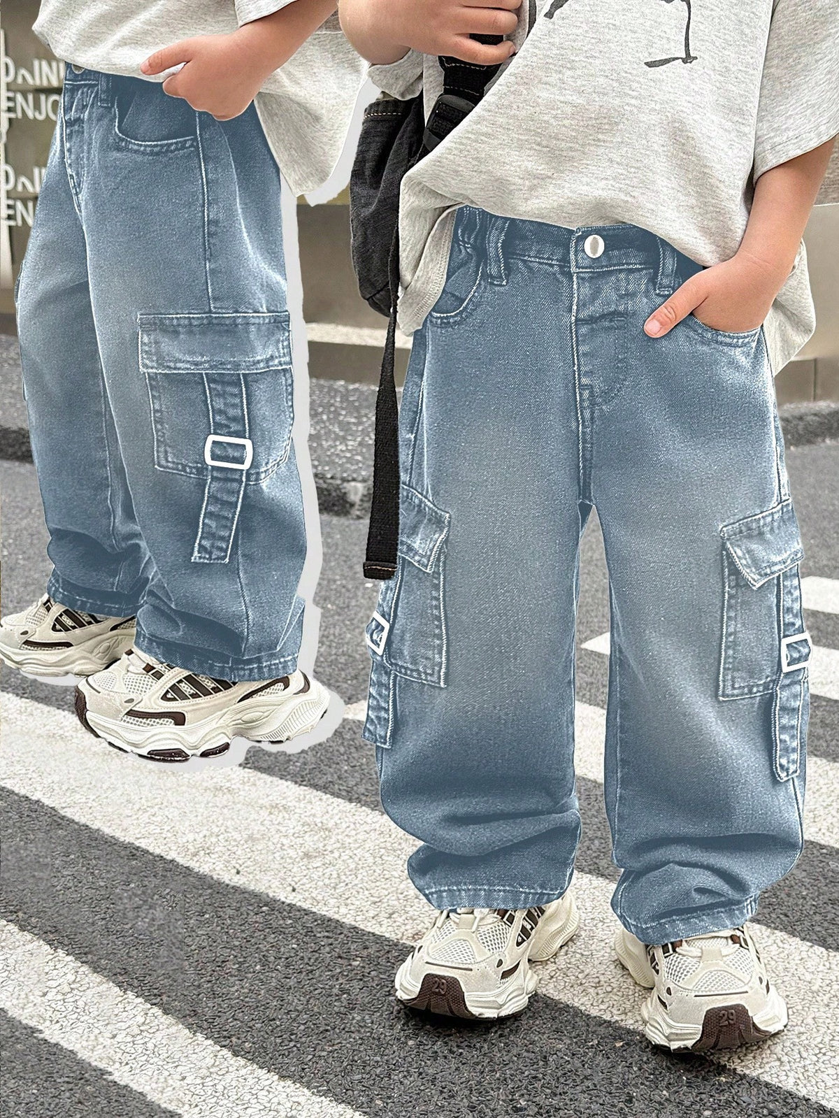 Little Byeori Young Boy Fashionable Distressed Washed Baggy Loose Fit Black Denim Pants With Cargo Pocket, Leisure And Versatile For Kids Streetwear Spring