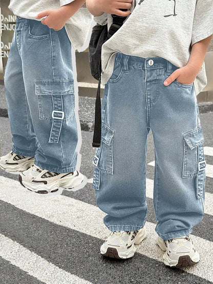 Little Byeori Young Boy Fashionable Distressed Washed Baggy Loose Fit Black Denim Pants With Cargo Pocket, Leisure And Versatile For Kids Streetwear Spring
