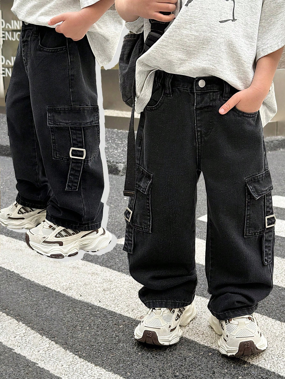 Little Byeori Young Boy Fashionable Distressed Washed Baggy Loose Fit Black Denim Pants With Cargo Pocket, Leisure And Versatile For Kids Streetwear Spring