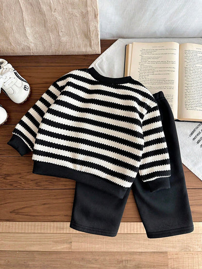 LMoss Kids 2pcs Baby Boy Striped Crew Neck Sweatshirt And Pants Set, Thermal Lined, Thickened, Autumn/Winter