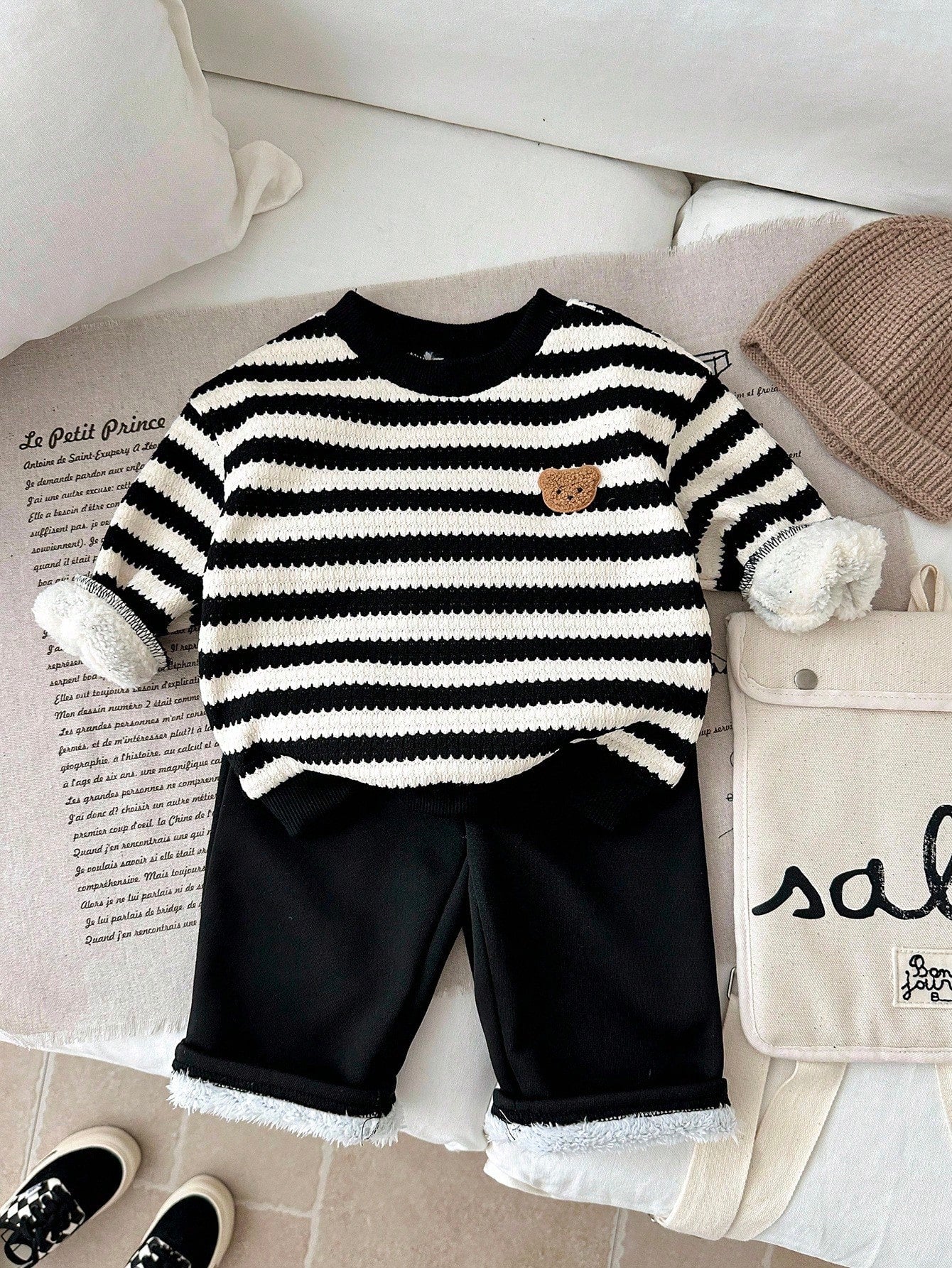 LMoss Kids 2pcs Baby Boy Striped Crew Neck Sweatshirt And Pants Set, Thermal Lined, Thickened, Autumn/Winter