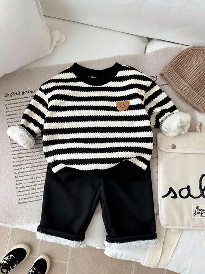 LMoss Kids 2pcs Baby Boy Striped Crew Neck Sweatshirt And Pants Set, Thermal Lined, Thickened, Autumn/Winter