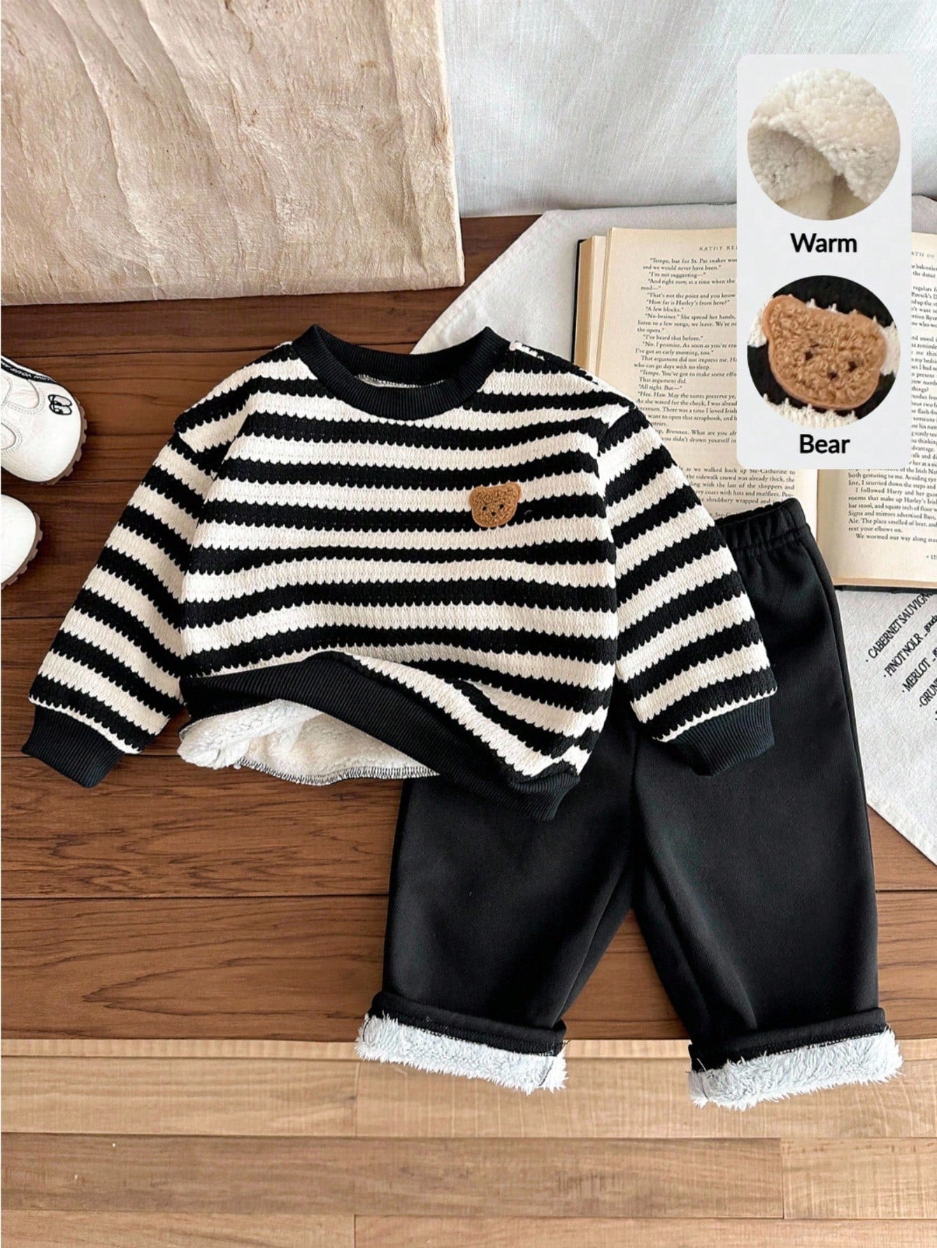 LMoss Kids 2pcs Baby Boy Striped Crew Neck Sweatshirt And Pants Set, Thermal Lined, Thickened, Autumn/Winter