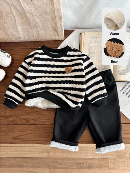 LMoss Kids 2pcs Baby Boy Striped Crew Neck Sweatshirt And Pants Set, Thermal Lined, Thickened, Autumn/Winter