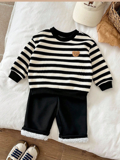 LMoss Kids 2pcs Baby Boy Striped Crew Neck Sweatshirt And Pants Set, Thermal Lined, Thickened, Autumn/Winter