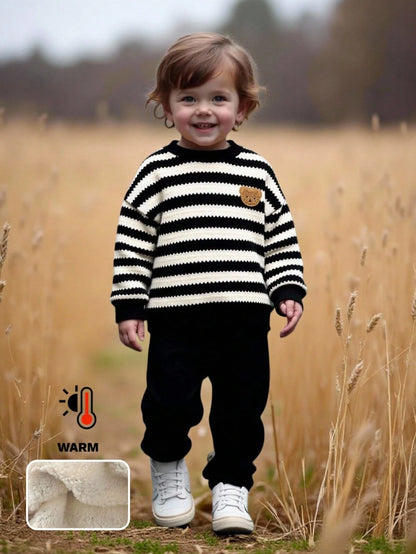 LMoss Kids 2pcs Baby Boy Striped Crew Neck Sweatshirt And Pants Set, Thermal Lined, Thickened, Autumn/Winter