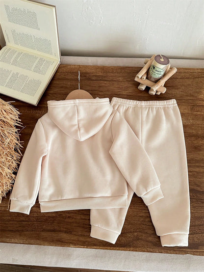LMoss Kids 2pcs Baby Girl Casual Cute Leopard Print Heart Pattern Beige Soft Knit Loose Hooded Long Sleeve Sweatshirt And Pants Set, Suitable For Autumn/Winter