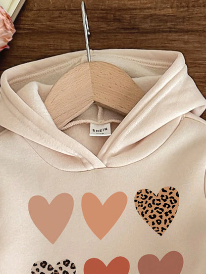 LMoss Kids 2pcs Baby Girl Casual Cute Leopard Print Heart Pattern Beige Soft Knit Loose Hooded Long Sleeve Sweatshirt And Pants Set, Suitable For Autumn/Winter