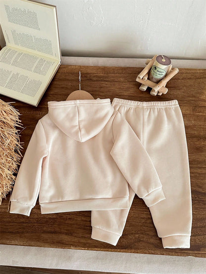 LMoss Kids 2pcs Baby Girl Casual Cute Leopard Print Heart Pattern Beige Soft Knit Loose Hooded Long Sleeve Sweatshirt And Pants Set, Suitable For Autumn/Winter