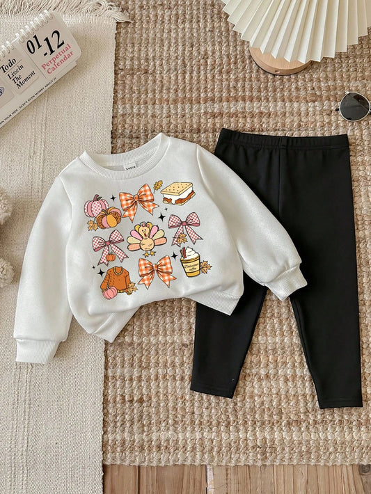 LMoss Kids Baby Girl Halloween Knitted Crew Neck Long Sleeve Sweatshirt & Leggings Set,White And Black Polka Dot,Autumn,Cute,Family Matching Thanksgiving Clothes