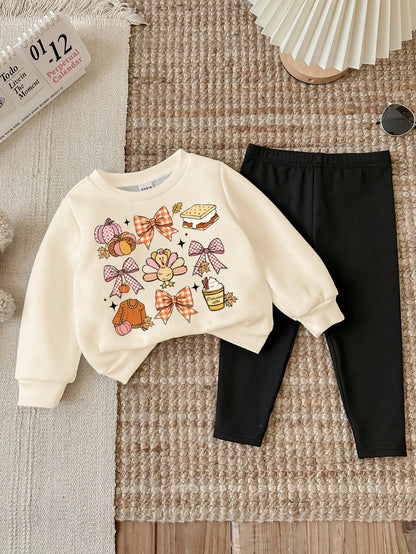 LMoss Kids Baby Girl Halloween Knitted Crew Neck Long Sleeve Sweatshirt & Leggings Set,White And Black Polka Dot,Autumn,Cute,Family Matching Thanksgiving Clothes