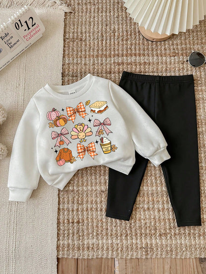 LMoss Kids Baby Girl Halloween Knitted Crew Neck Long Sleeve Sweatshirt & Leggings Set,White And Black Polka Dot,Autumn,Cute,Family Matching Thanksgiving Clothes