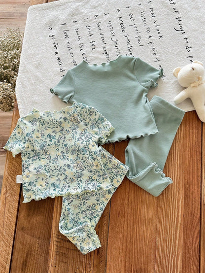 LMoss Kids Newborn Baby Girl Cute Casual Knit Pink Bow Cartoon Pattern Short Sleeve Pajama Set Sleepwear Clothes Pj Summer Pajamas