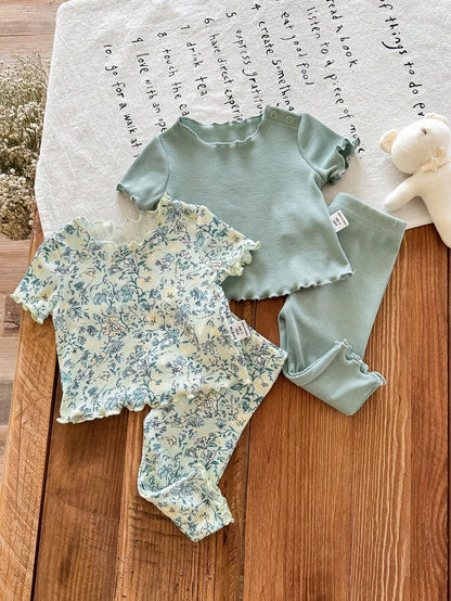 LMoss Kids Newborn Baby Girl Cute Casual Knit Pink Bow Cartoon Pattern Short Sleeve Pajama Set Sleepwear Clothes Pj Summer Pajamas