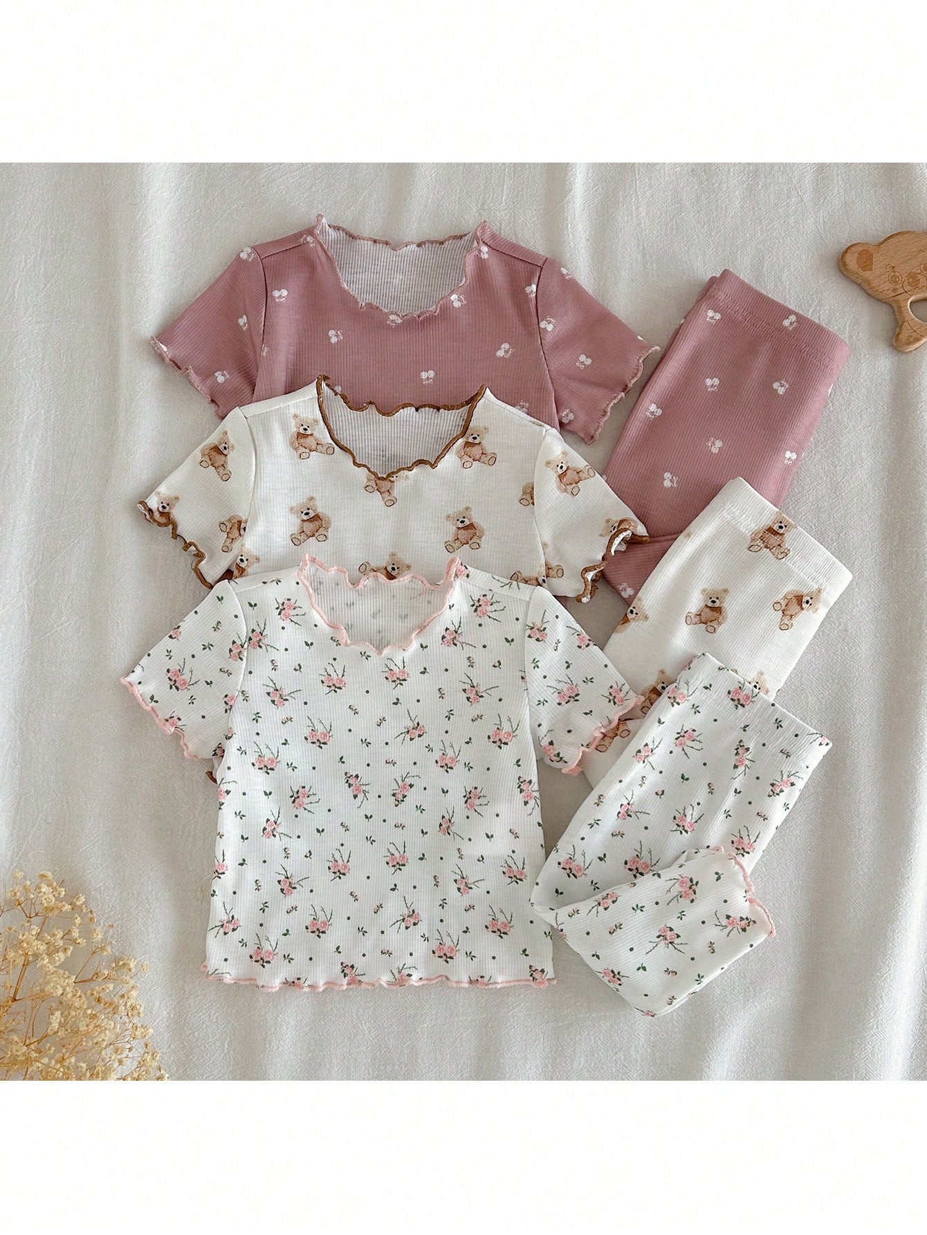 LMoss Kids Newborn Baby Girl Cute Casual Knit Pink Bow Cartoon Pattern Short Sleeve Pajama Set Sleepwear Clothes Pj Summer Pajamas