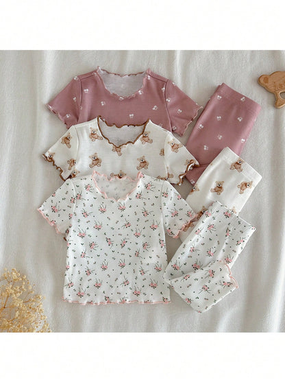 LMoss Kids Newborn Baby Girl Cute Casual Knit Pink Bow Cartoon Pattern Short Sleeve Pajama Set Sleepwear Clothes Pj Summer Pajamas