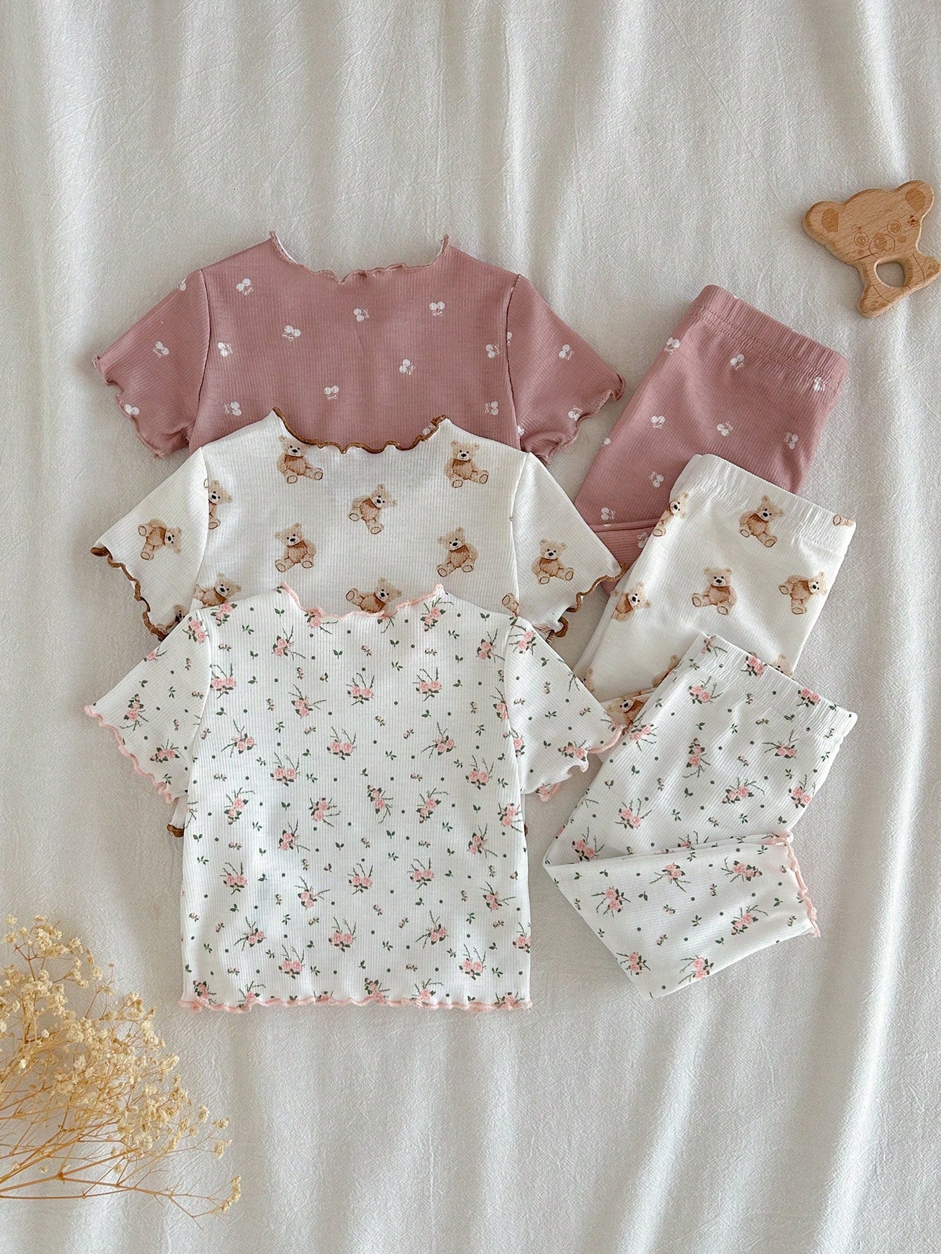 LMoss Kids Newborn Baby Girl Cute Casual Knit Pink Bow Cartoon Pattern Short Sleeve Pajama Set Sleepwear Clothes Pj Summer Pajamas
