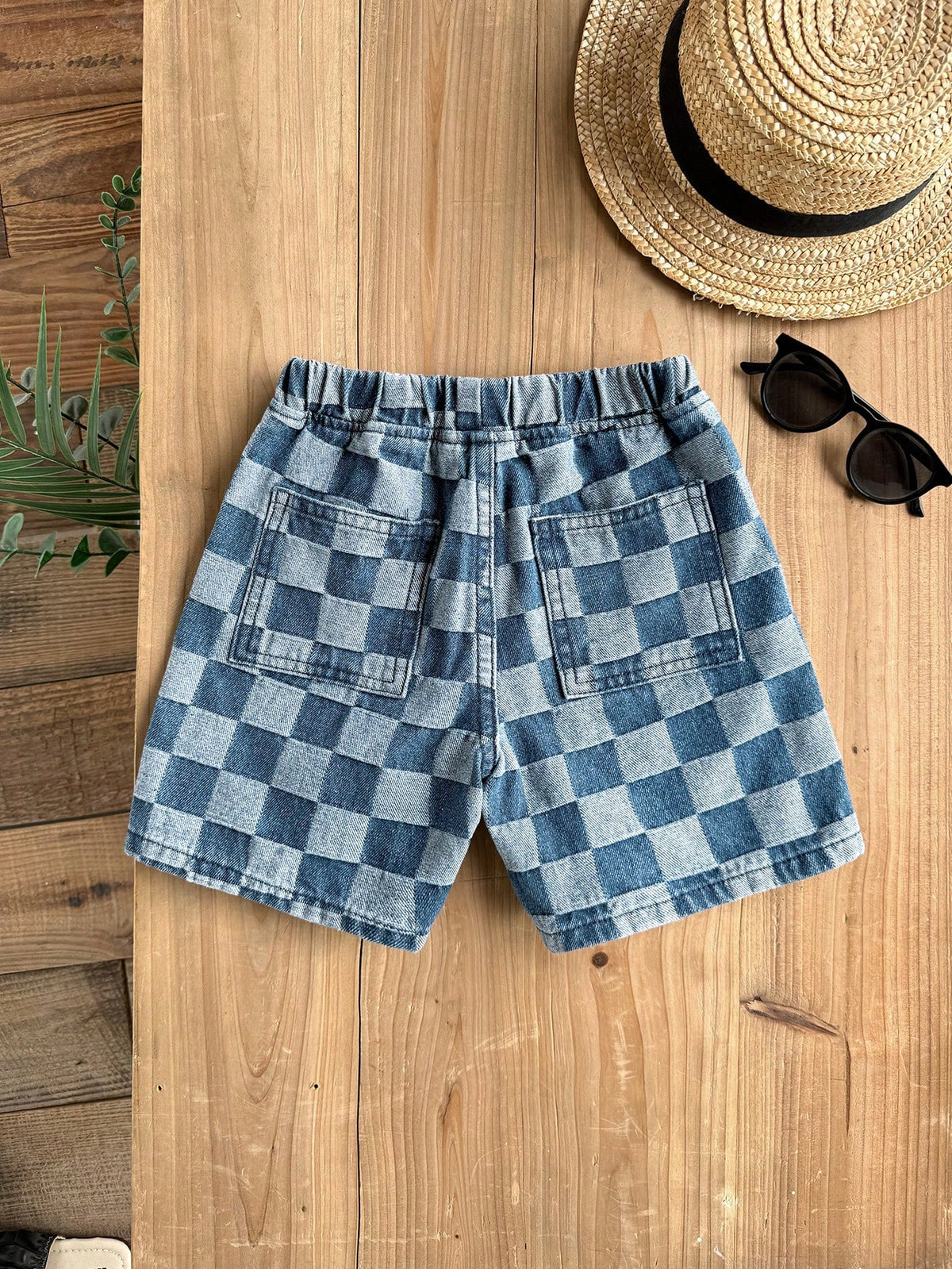 LMoss Kids Young BoyCheckered Blue Denim Loose Shorts
