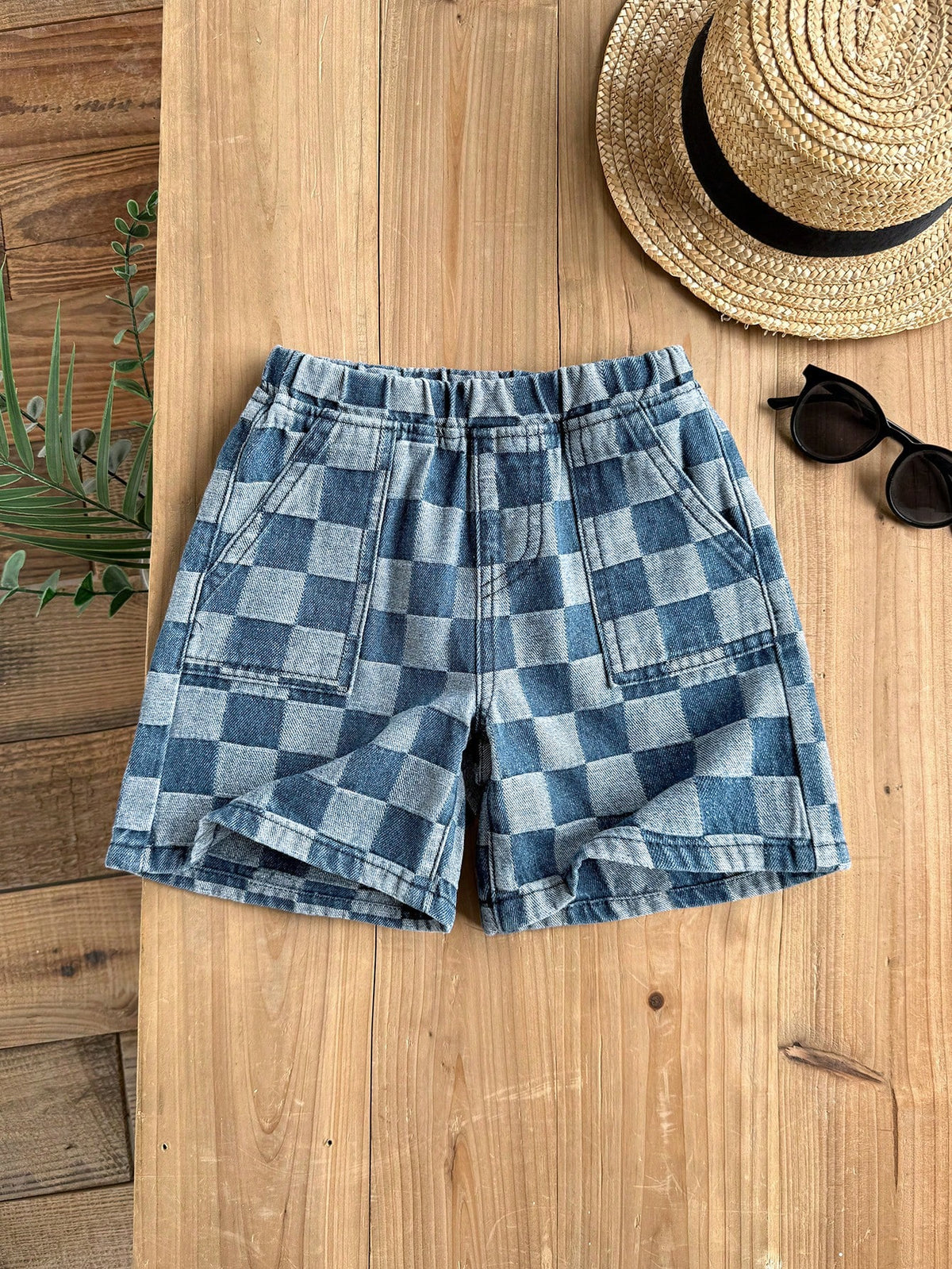 LMoss Kids Young BoyCheckered Blue Denim Loose Shorts