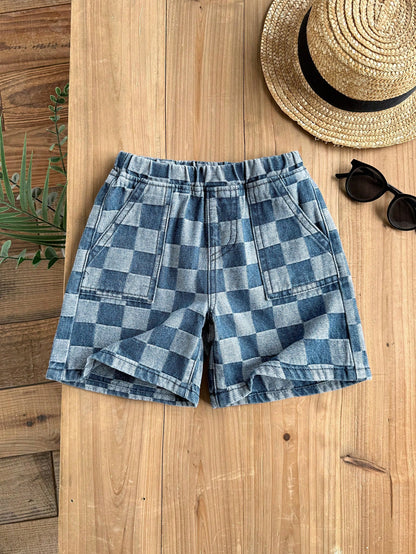 LMoss Kids Young BoyCheckered Blue Denim Loose Shorts