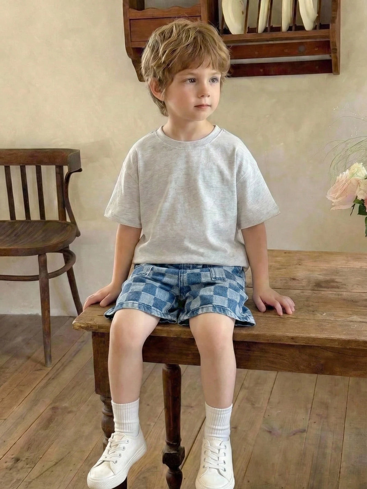 LMoss Kids Young BoyCheckered Blue Denim Loose Shorts