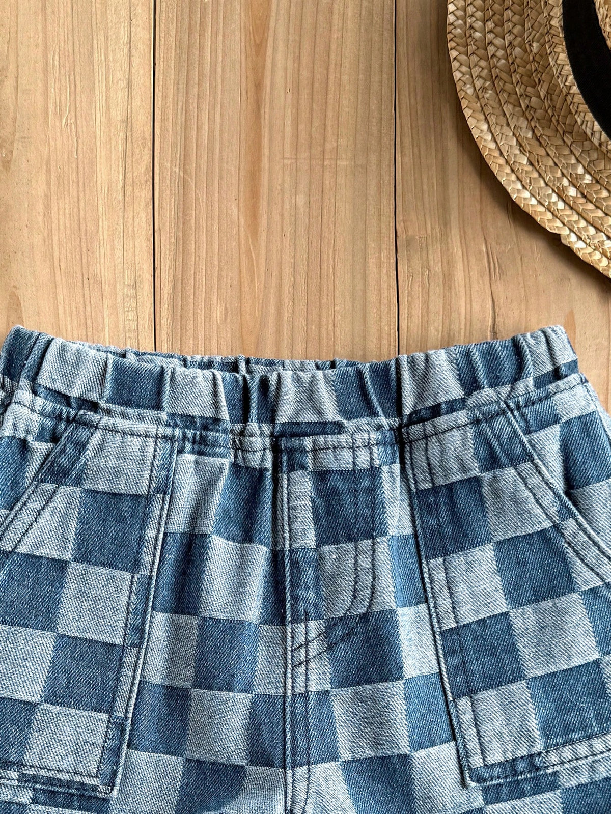 LMoss Kids Young BoyCheckered Blue Denim Loose Shorts