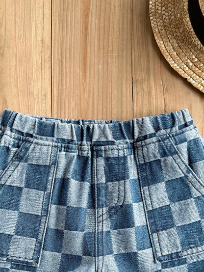 LMoss Kids Young BoyCheckered Blue Denim Loose Shorts