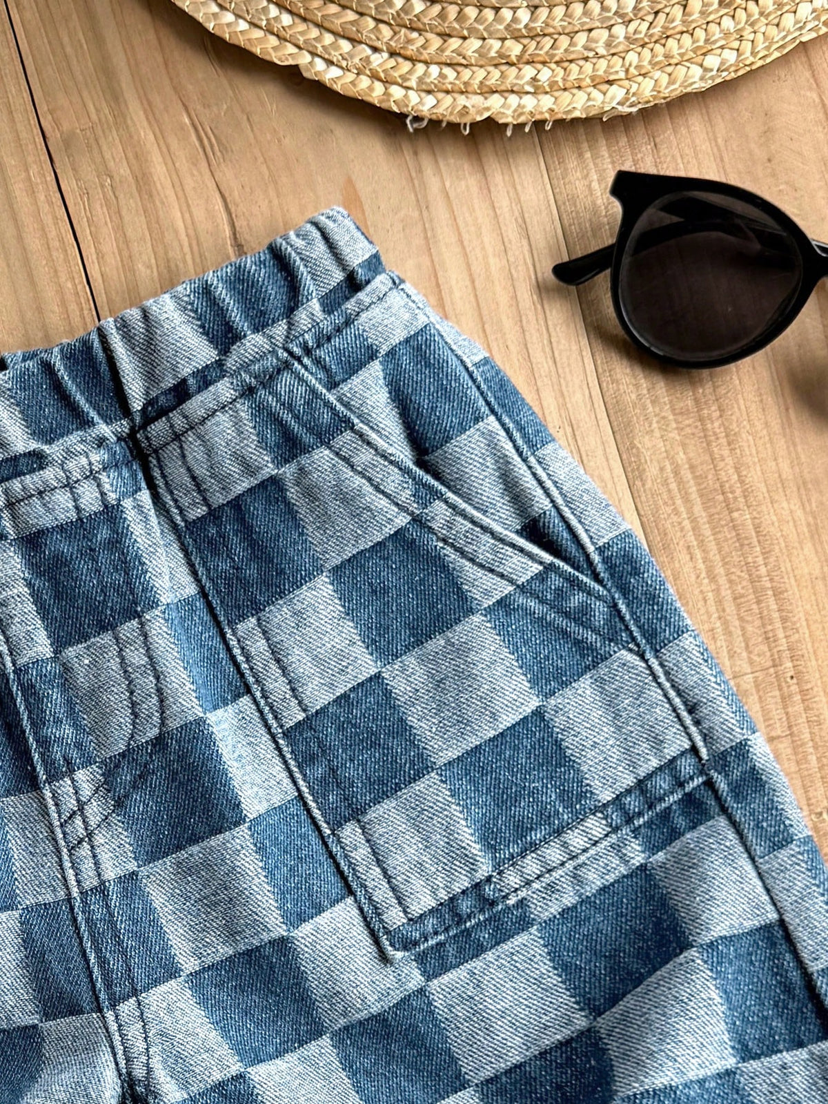 LMoss Kids Young BoyCheckered Blue Denim Loose Shorts