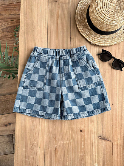LMoss Kids Young BoyCheckered Blue Denim Loose Shorts