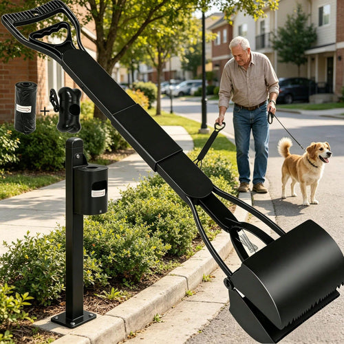 Long-Handled Dog Pick-Up Shovel Set (3pcs)| Including 20 Garbage Bags+Bone Receiver| Foldable And Portable| Cleaning Large And Medium-Sized Dog Feces| Suitable For Courtyard Lawn.