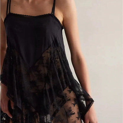Loose Black Sheer Lace Patchwork Ruffled Cami Mini Dress, Sleeveless Flowy Summer Dress For Women For Casual Going Out Clubwear