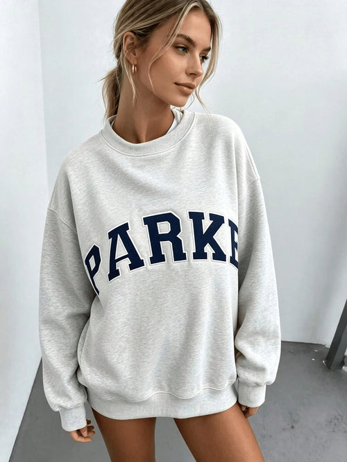 Loose Fit Crewneck Sweatshirt For Women, Oversized PARKE Letter Print Long Sleeve Casual Pullover, Fall Airport Travel Outfits Clothing