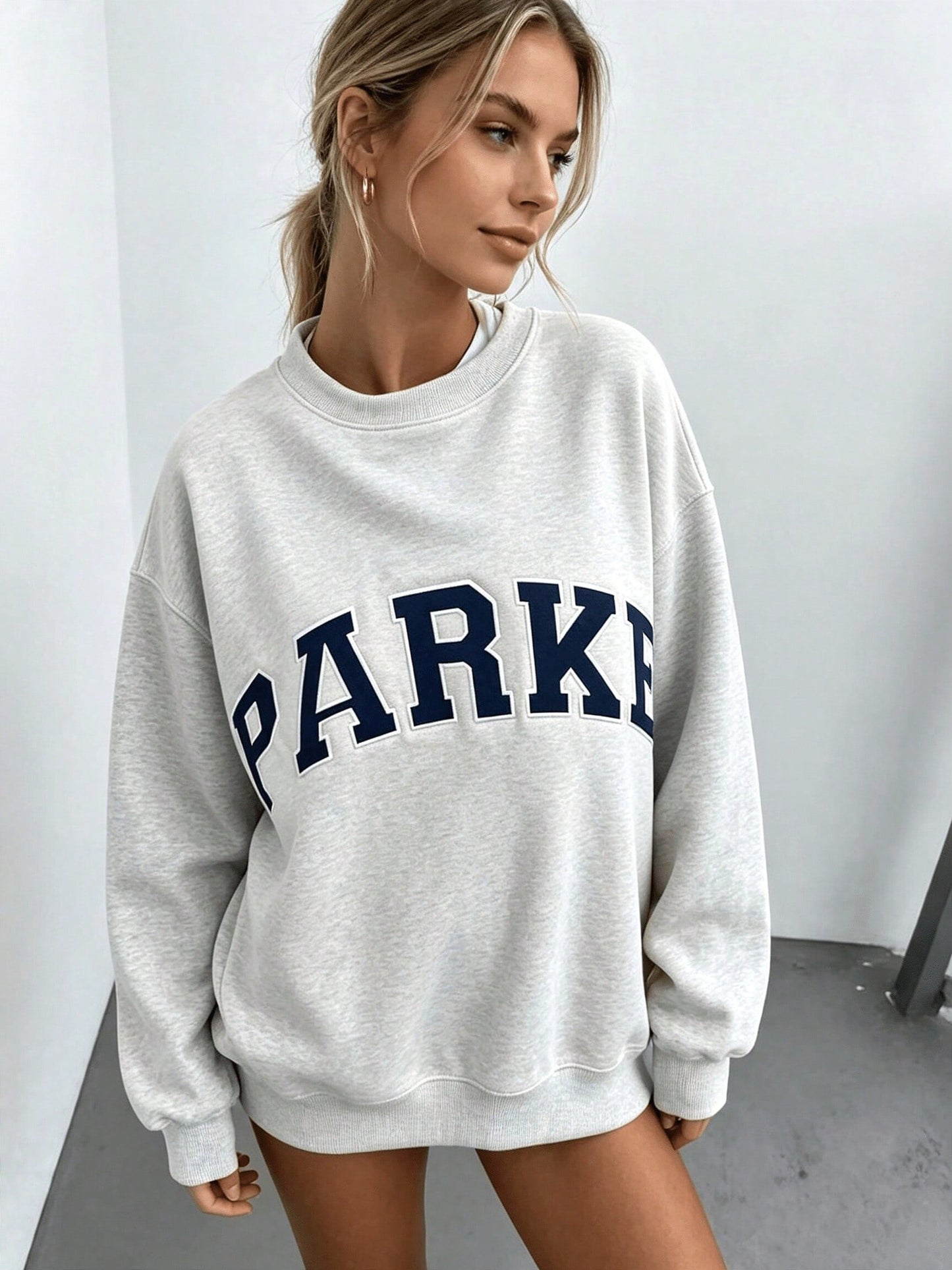 Loose Fit Crewneck Sweatshirt For Women, Oversized PARKE Letter Print Long Sleeve Casual Pullover, Fall Airport Travel Outfits Clothing