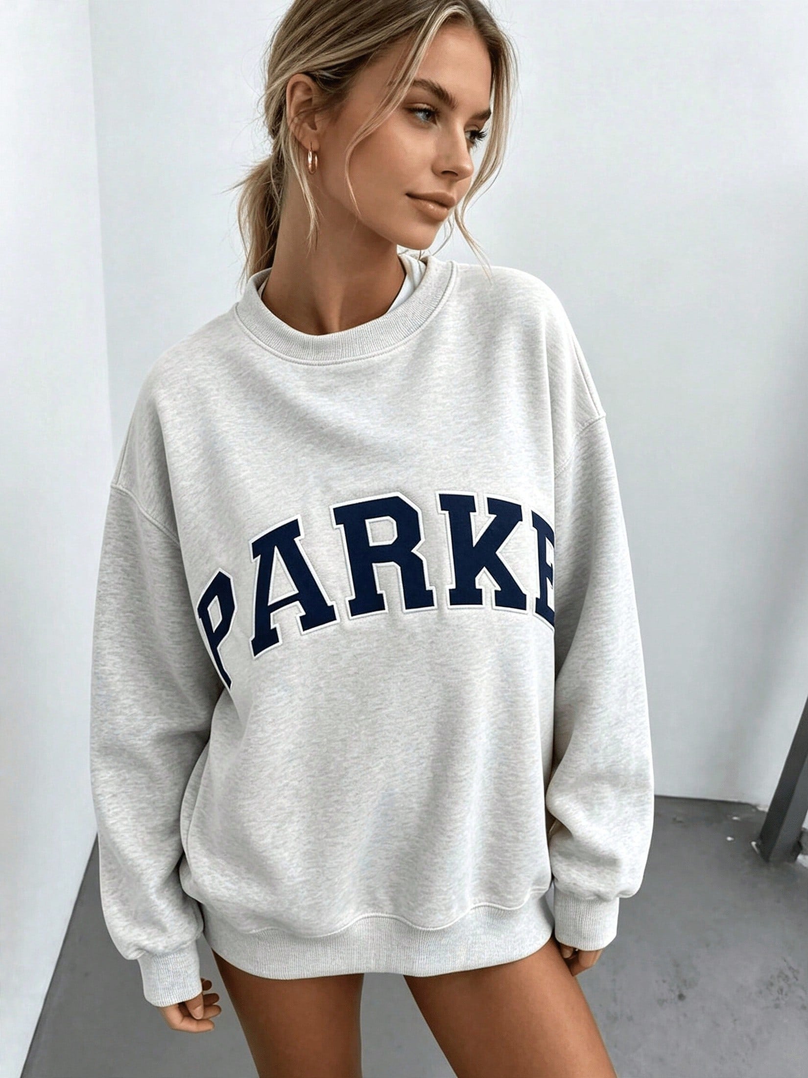 Loose Fit Crewneck Sweatshirt For Women, Oversized PARKE Letter Print Long Sleeve Casual Pullover, Fall Airport Travel Outfits Clothing