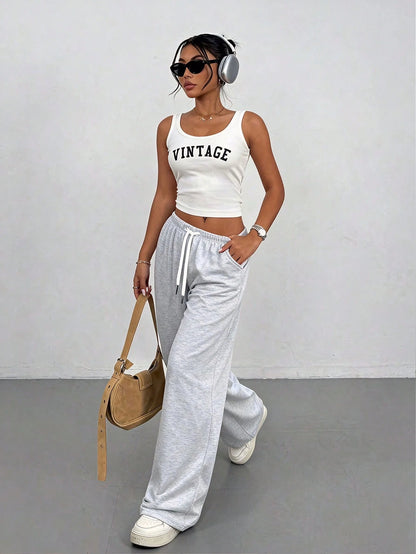 Loose Fit Drawstring Design Casual Wide Leg Pants, Suitable For Outdoor Sports And Daily Wear In Summer & Autumn, Great Gift For Girlfriend Back To School Season Spring