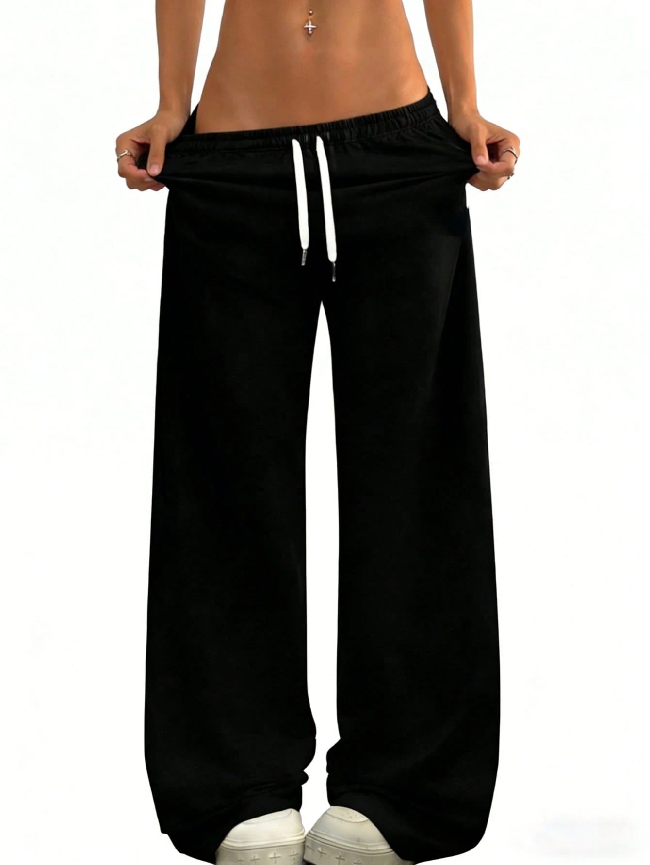 Loose Fit Drawstring Design Casual Wide Leg Pants, Suitable For Outdoor Sports And Daily Wear In Summer & Autumn, Great Gift For Girlfriend Back To School Season Black Spring