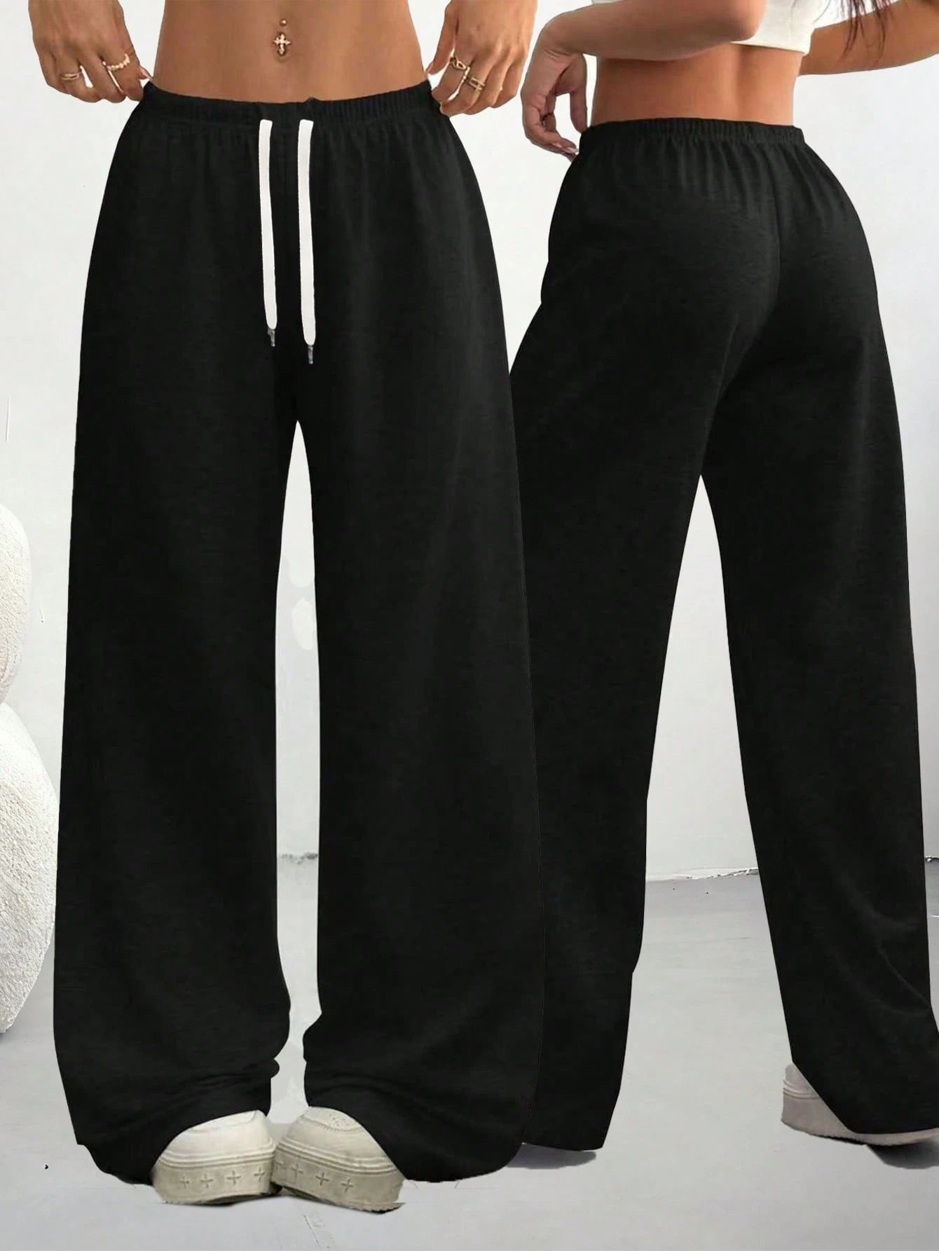 Loose Fit Drawstring Design Casual Wide Leg Pants, Suitable For Outdoor Sports And Daily Wear In Summer & Autumn, Great Gift For Girlfriend Back To School Season Black Spring