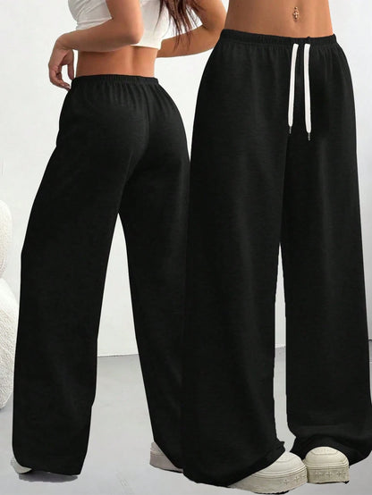 Loose Fit Drawstring Design Casual Wide Leg Pants, Suitable For Outdoor Sports And Daily Wear In Summer & Autumn, Great Gift For Girlfriend Back To School Season Black Spring
